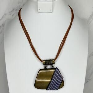 Chico's Boho Mixed Material Pendant Gold Tone Brown Cord Necklace ✨